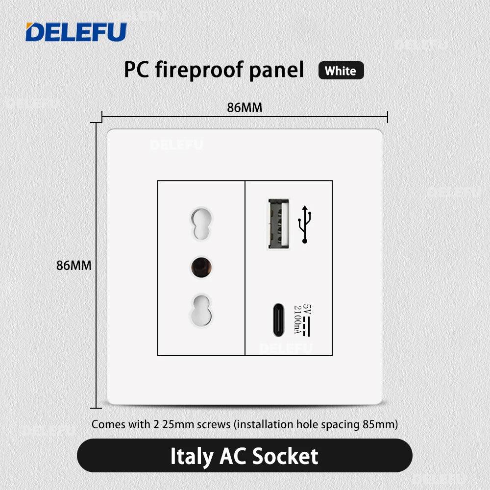 DELEFU86 PC White Flame Retardant Panel Italy Standard Wall Socket USB Type C Socket German Italian Socke EU Socket