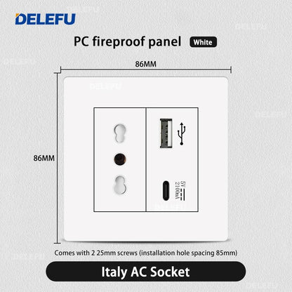 DELEFU86 PC White Flame Retardant Panel Italy Standard Wall Socket USB Type C Socket German Italian Socke EU Socket