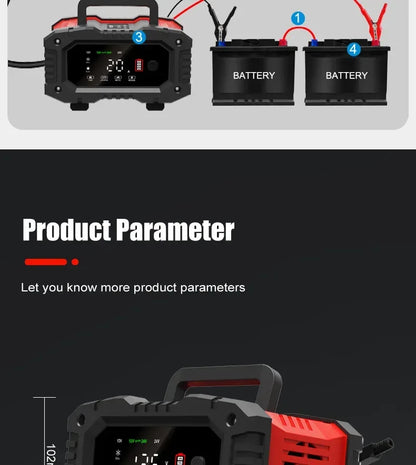 Portable 20A/10A Car Battery Charger 12V 24V Automatic Motorcycle Truck AGM LiFePO4 Lead Acid Start Stop Battery with Repair