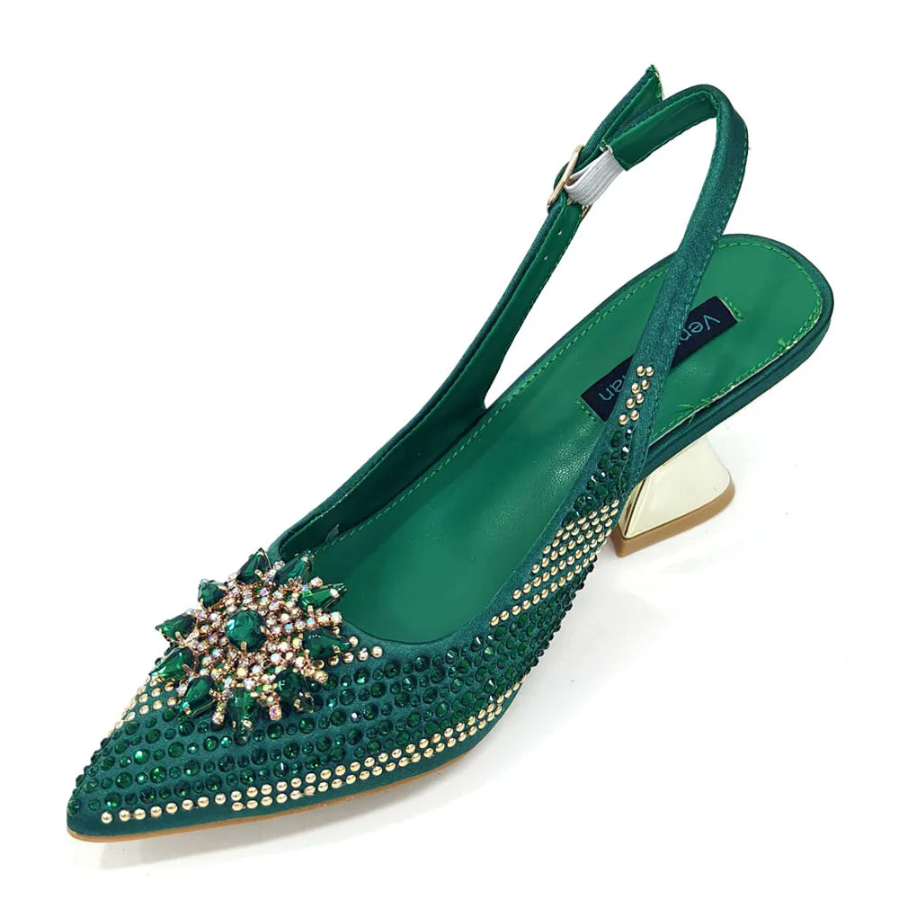 Venus Chan 2024 Summer New Design Specials Italian Women Shoes and Bag Set Fuchsia Color Comfortable High Heels With Rhinestone