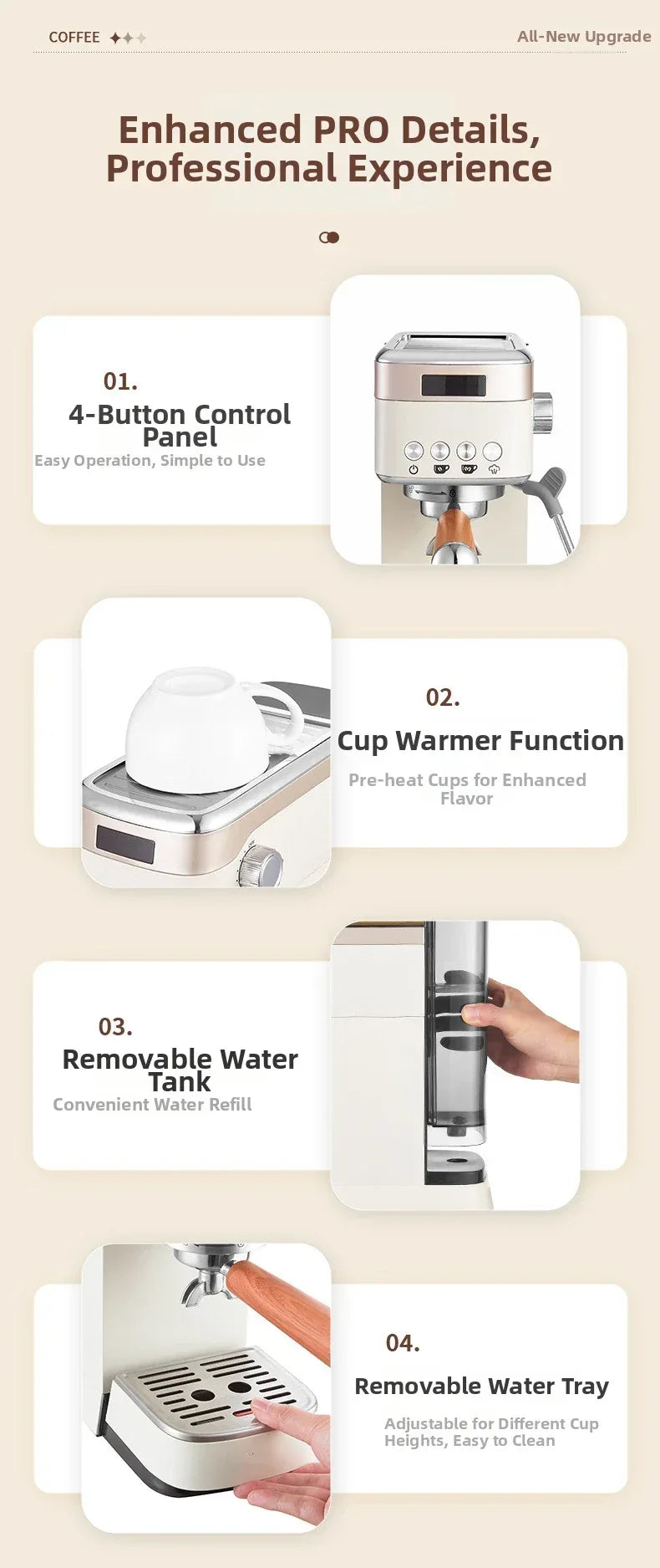Pro Semi-Automatic Espresso Machine 20Bar Pressure, Compact for Small Kitchens, Built-in Milk Frother, Fast Heating Energy Savi