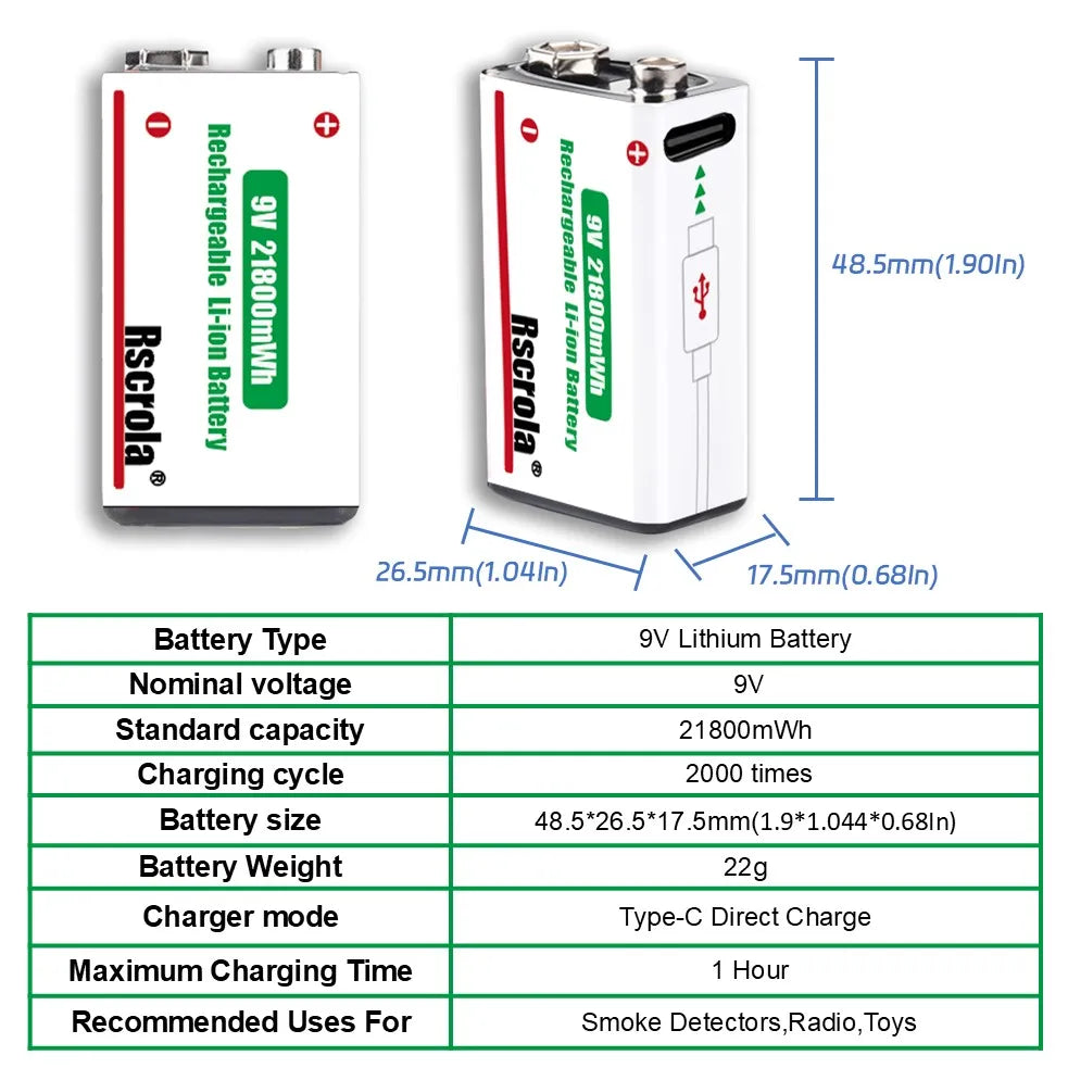 Rechargeable 9V Battery USB-C Charge,21800mWh Long-lasting 9V Li-Ion Battery with Free Cable,for Smoke Alarm,Camera,Clocks,Audio