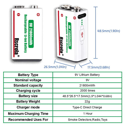 Rechargeable 9V Battery USB-C Charge,21800mWh Long-lasting 9V Li-Ion Battery with Free Cable,for Smoke Alarm,Camera,Clocks,Audio