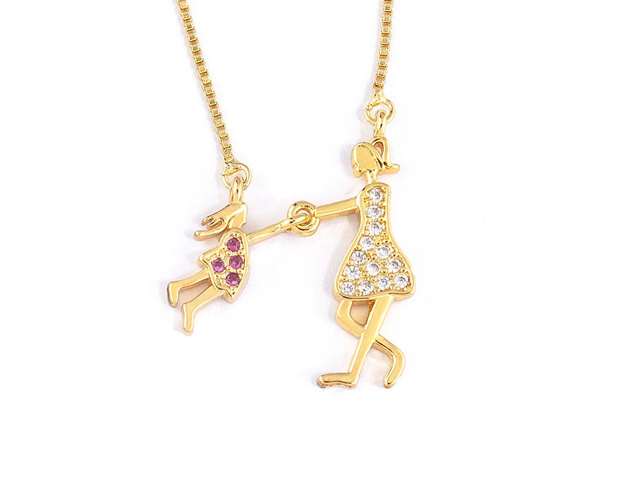 Nidin Exquisite Gold Plated Mom Daughter Necklace Girl Boy Pendant Chain Choker Cubic Zirconia Jewelry Mother's Day Gift