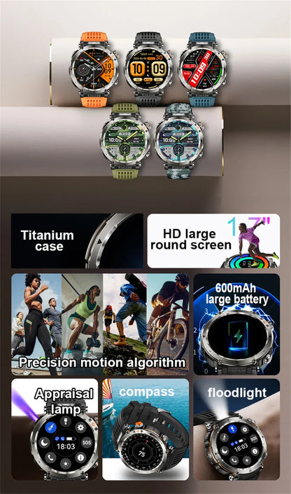 2026 New Outdoor Sports Smartwatch Men Compass 600mAh LED Flashlight Bluetooth Call 3ATM Waterproof Smartwatch For Android iOS