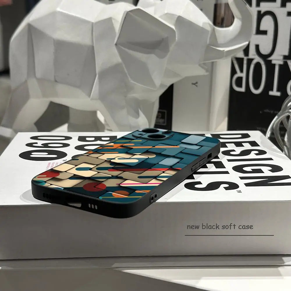 Men's cool creative cube Building Block IMD Phone Case FOR IPhone 16promax 14 11 12 Pro 8 7 15 Plus 13 Pro MAX XR XS Black Cover
