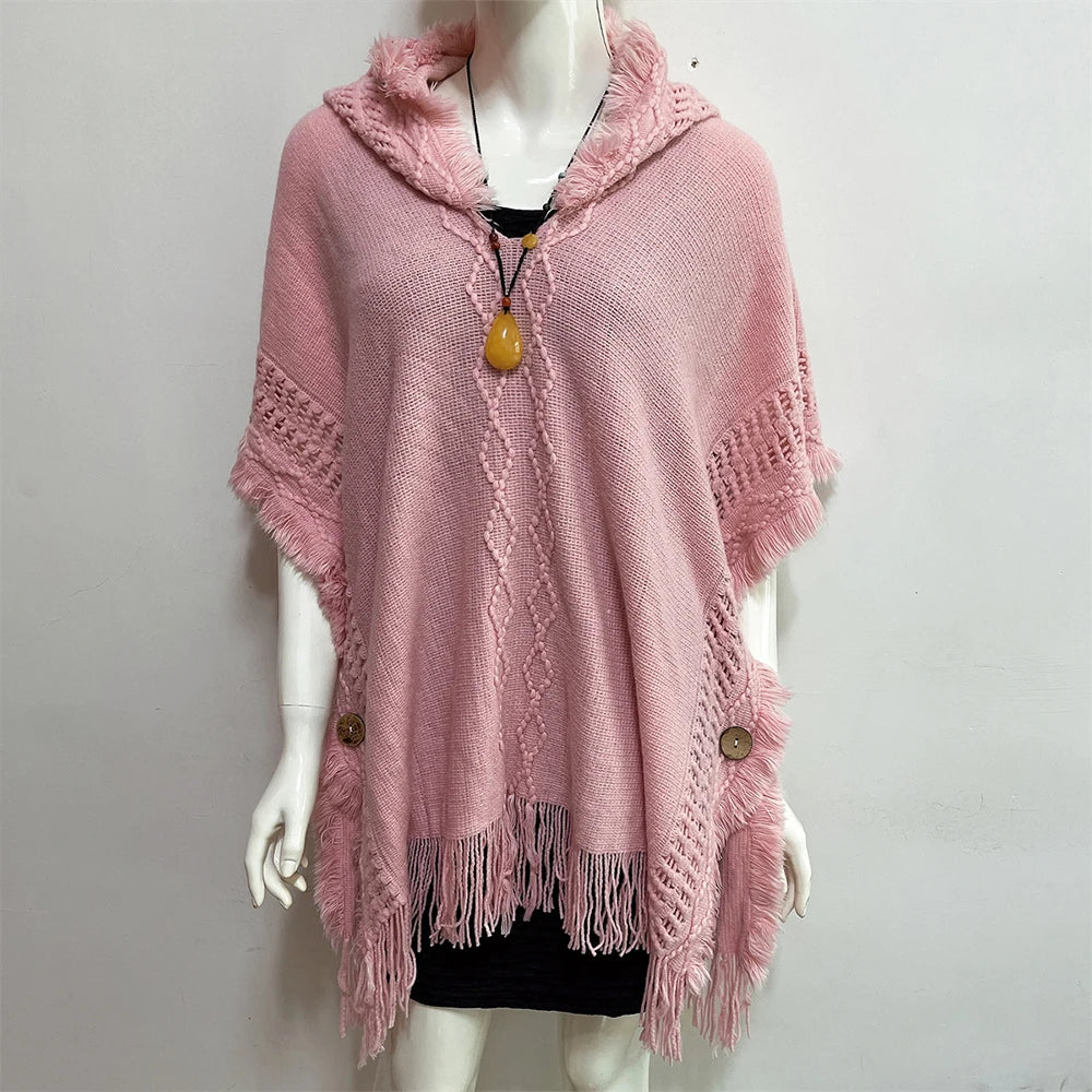 Cape, châle, manteau, poncho à capuche ethnique pour femme, pull à capuche, pompons, dropshipping