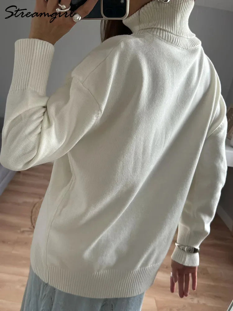 Winter Pink Turtleneck Sweaters Women Oversized Autumn Warm Women's Jumper Loose Basic White Turtleneck For Women Pullovers