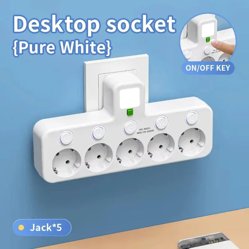 EU Plug Power Strip with 3 AC Outlets +2 USB Ports+ 1 Type C, 6-in-1 Plug Socket Adapter Wireless Wall Charger for Home Office
