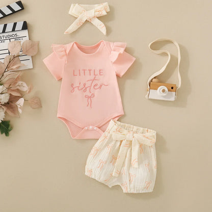 Summer unisex baby pink short-sleeved letter-print romper, shorts, bow hair accessory and belt – 4-piece set