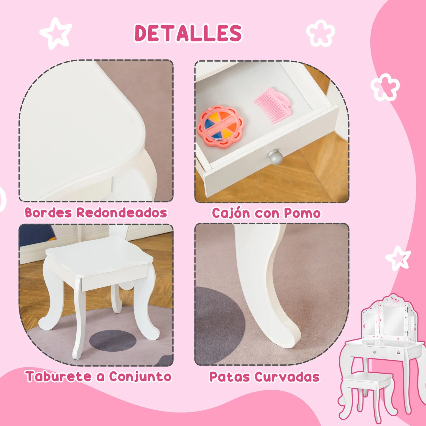Homcom Wooden Children's Dressing Table with Mirror Stool Drawer Makeup Table Pink