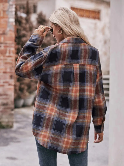 Autumn Plaid Shirt Women Long Sleeve Turn-down Collar Oversize Shirts Female Stylish Vintage Casual Blouse Ladies Chemise