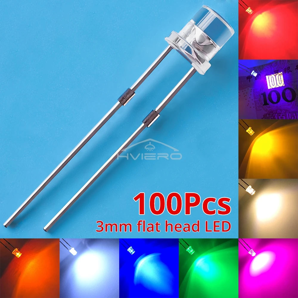 100pcs F3 3mm Flat Led Ultra Bright Diodes Wide Angle Light Emitting Bulbs Signage Decoration Advertising Lamp Ambient Building