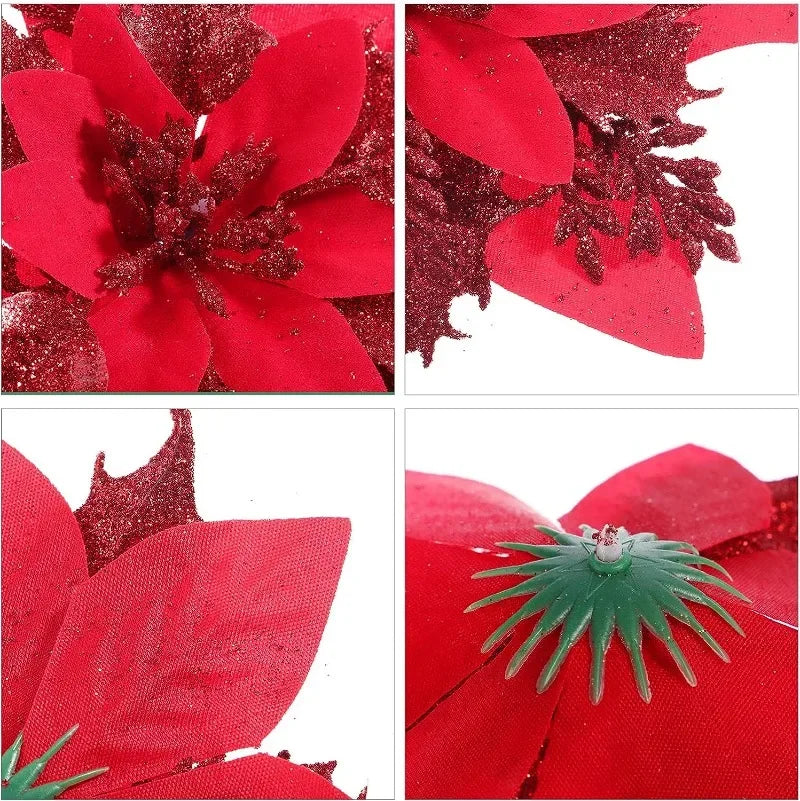 10/1Pc Christmas Glitter Artificial Flowers DIY Christmas Tree Hanging Ornaments Fake Flower For Xmas New Year Party Decor Gifts