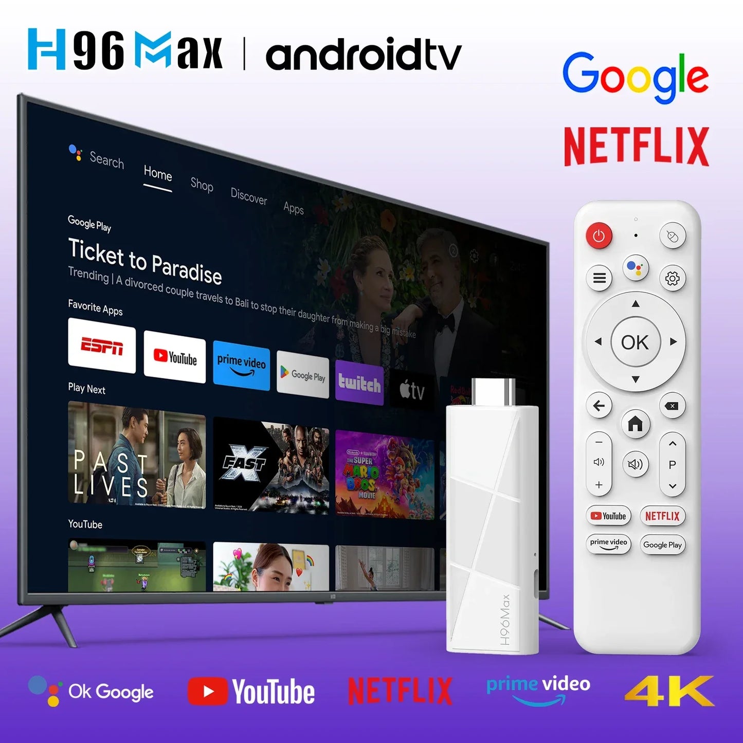 Android 14 ATV Smart TV Stick Support 4K Video 4K@60fps BT5.0 WiFi6 Rockchip RK3518 Quad Core Google Voice Remote Smart TV Box