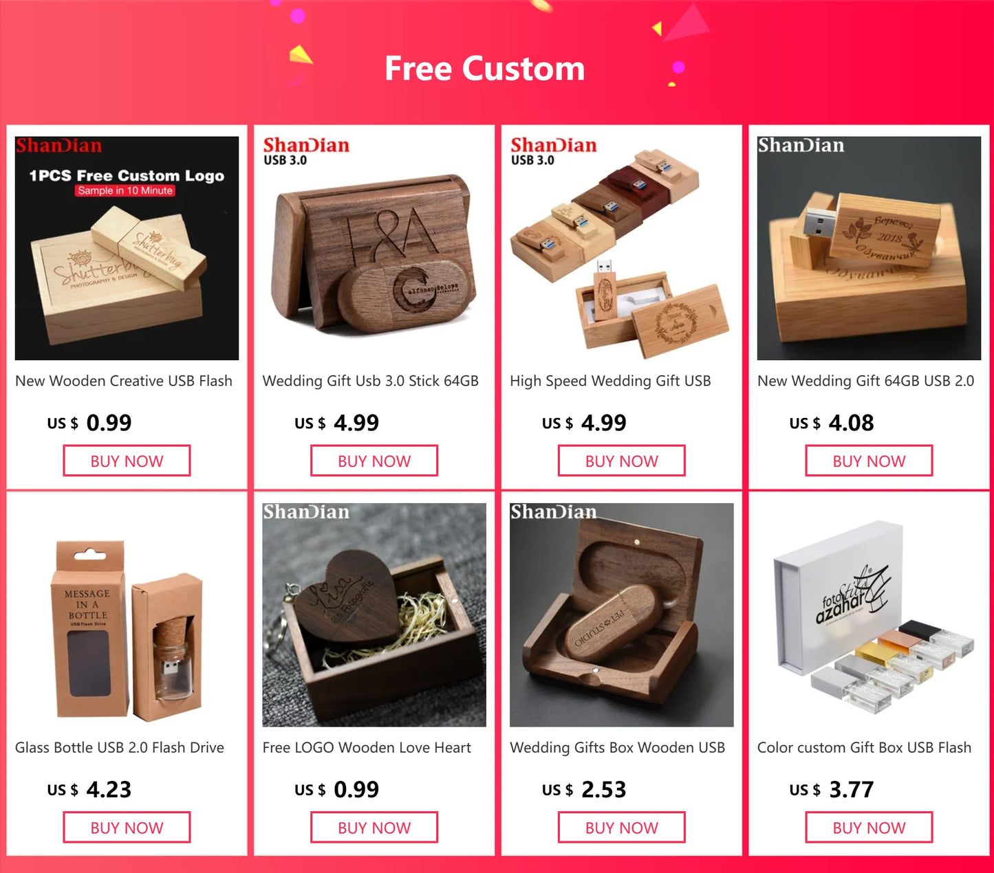 Walnut Album Box USB Flash Drives 128GB Photography Studio Memory Stick 64GB Free Custom Logo Pen Drive 32GB 16GB Wedding Gift