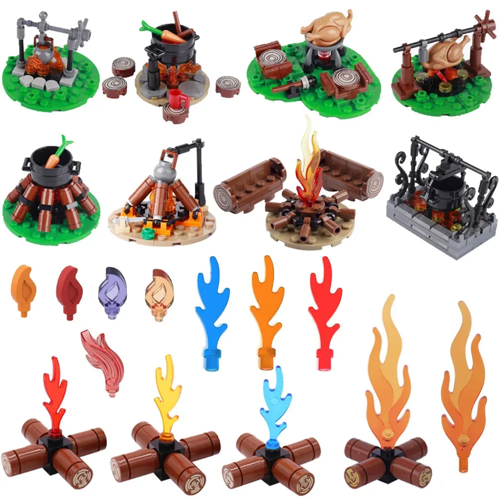 MOC Medieval Campfire Building Block Flame Wave Candle Transparent Wine Bottle Educational Toy Compatible Accessories Brick K054