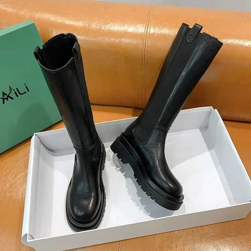 New Platform Women Knight Long Boots Fashion Warm Fur Shoes Autumn Winter Square Heels Ladies Knee High Boots Zapatos Mujer