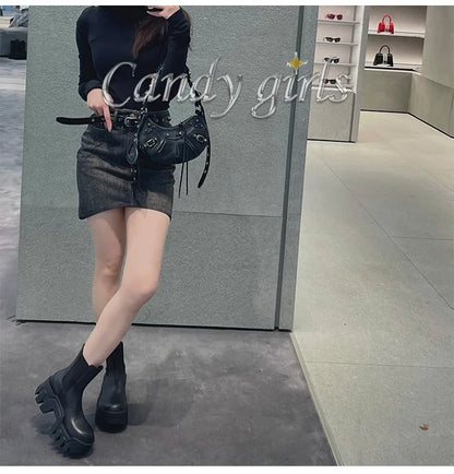 Retro Chelsea Mid-Calf for Women 2024 New round Toe Muffin Gear Platform Black Mid-Calf Length Motorcycle Boots