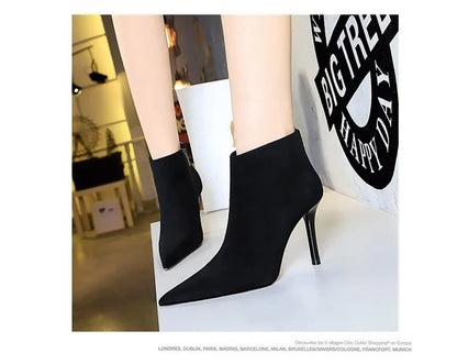 BIGTREE Shoes Suede Ankle Boots For Women Heels Winter Boots Pointed Stilettos High-heeled Boots Side Zipper Black Short Boots