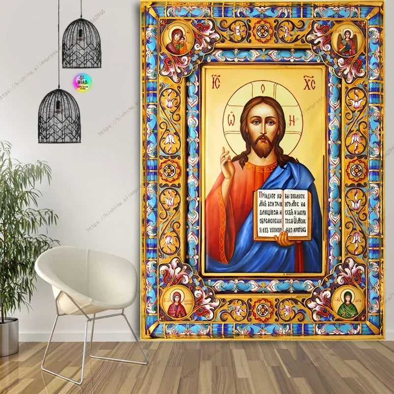 Icon of Christ Tapestry Jesus Easter Wall Decor God Home Decoration  Blessed Virgin Mary Wall Tapestries Christmas Room Decor