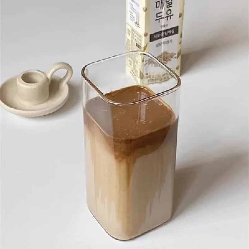1pc Square Glass Coffee Mug with Lid & Straw Transparent Drinkware for Iced Coffee, Milk, Beer for Kitchen & Dining Coffee Cup