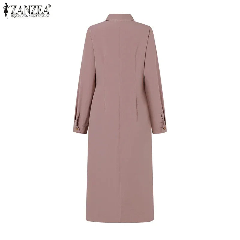 ZANZEA Women Lapel Long Sleeve Vestidos 2025 Spring Solid Work Dresses Casual Waisted No Belted Robe Office Lady Midi Spilt Robe