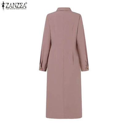 ZANZEA Women Lapel Long Sleeve Vestidos 2025 Spring Solid Work Dresses Casual Waisted No Belted Robe Office Lady Midi Spilt Robe