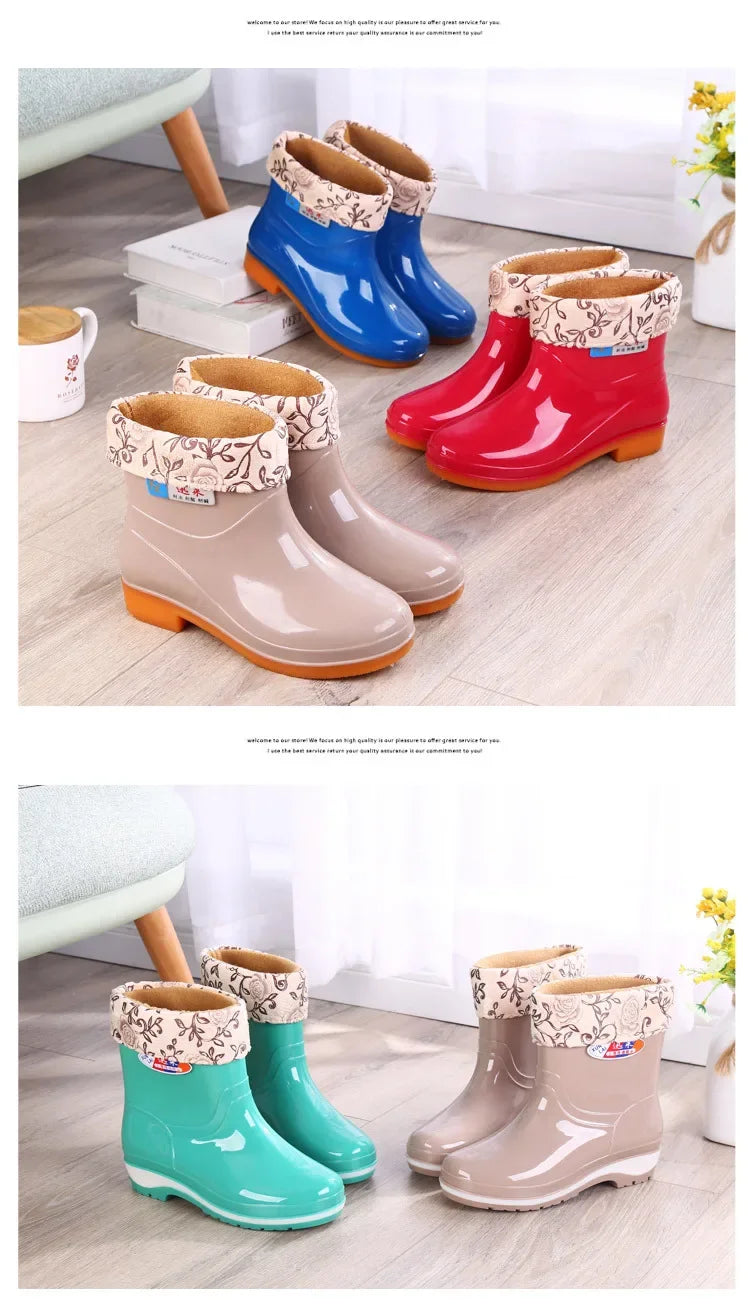 Women's Short Rain Shoes Non-slip Waterproof Rubber Boots Durable Wear-resistant Rain Boots Fleece Lined Warm Shoes Wholesale