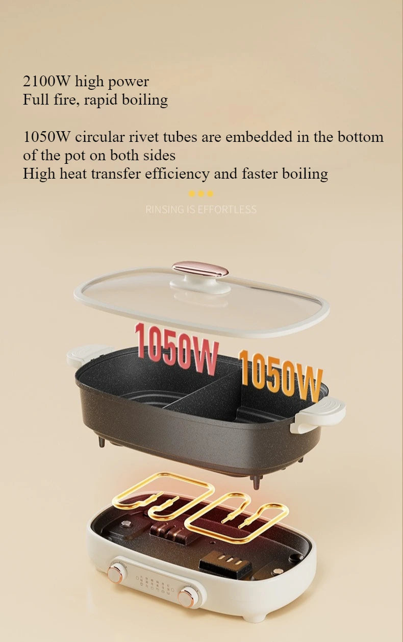220V Non Stick Electric Hotpot Household Mandarin Duck Split Multi Functional  Electric Boiling Pot