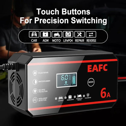 EAFC Fully Automatic 12V 6A Smart Car Battery Charger Pulse Repair LCD Display for Auto Moto AGM GEL WET Lead Acid LiFePO4