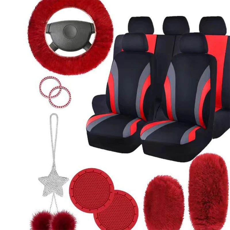 17Pcs Striped Design Universal Car Seat Cover Set Including Front Seat Cover Handbrake Shift Coverfluffy Steering Wheel Cover by PDG ibma