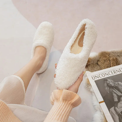 Big Size 43 Women Lambswool Slippers Winter Sheep Fur Shoes Ladies Flat Cotton Slides Home Pantuflas Daily Slip On Furry Mules
