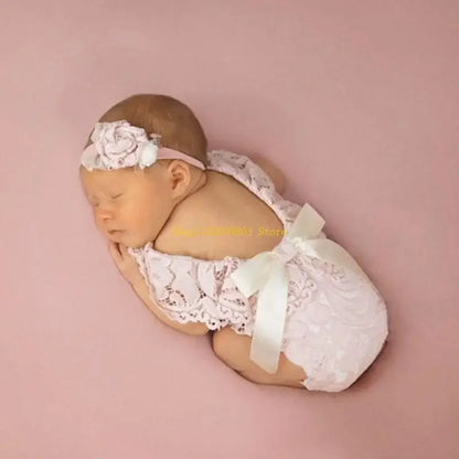 Baby Bow Lace Romper Headband Set Newborn Photography Props Bodysuit Jumpsuit with Flower Hair Band Infants Fotografie Outfits