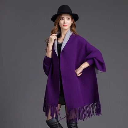 Autumn Winter Tassel Long Sweater Cardigans Casual Korean Long Sleeve Cloak Patchwork Knitwear Coats Outwaer LMFS-LM-8015