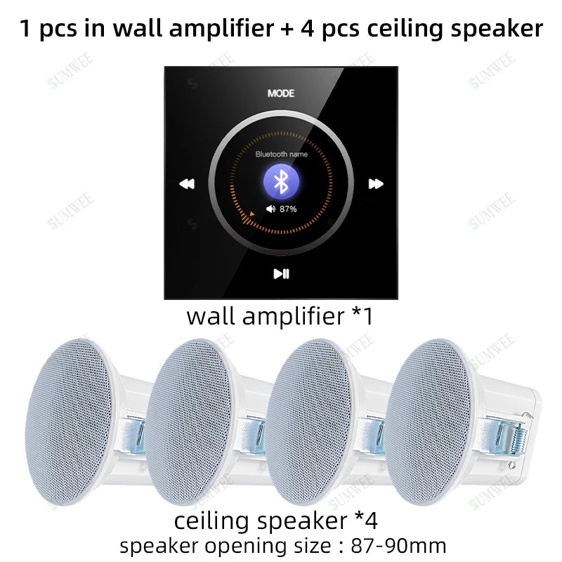 Home Background music player system audio in wall power amplifier bluetooths TF USB FM radio AUX controls panel ceiling speakers