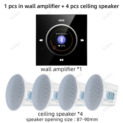 Home Background music player system audio in wall power amplifier bluetooths TF USB FM radio AUX controls panel ceiling speakers