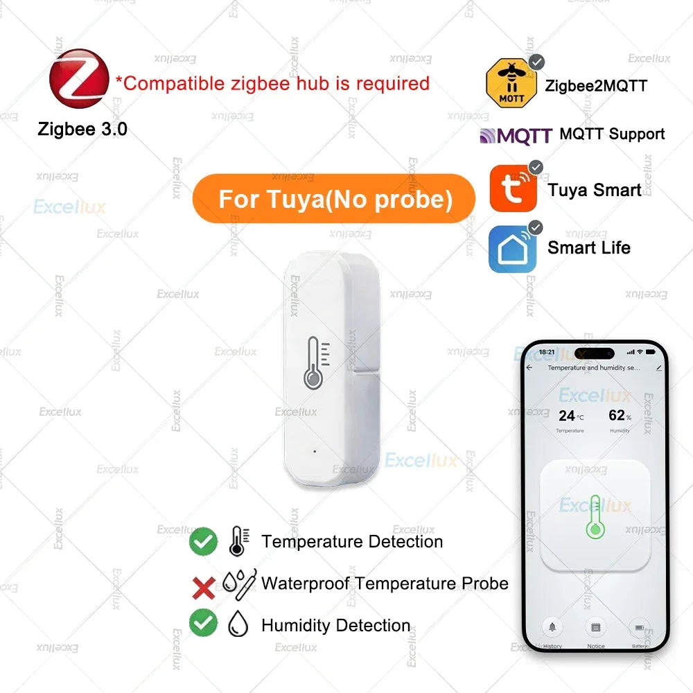 Zigbee Smart Temperature Humidity Sensor Optional With Waterproof Probe For Tuya Zigbee2MQTT Home Assistant Aquarium Tank Fridge
