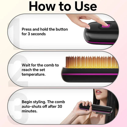 Rechargeable Hair Straightener Brush with 20s Fast Heating and 3 Temp Settings, Straightening Comb with Negative Ions for Women