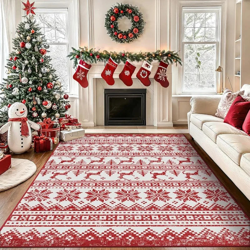 Merry Christmas Holiday Rug All-Over Living Room Carpet Festive Door Mat Washable Decorative Floor Decor for Xmas Beautiful Home