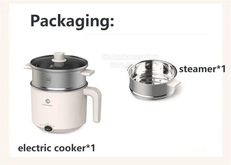 Liven Electric Multi Cooker 1.8L with 304 Stainless Steel Steamer Multifunctional Cooking Rice Porridge Noodle Mini Hot Pot 600W