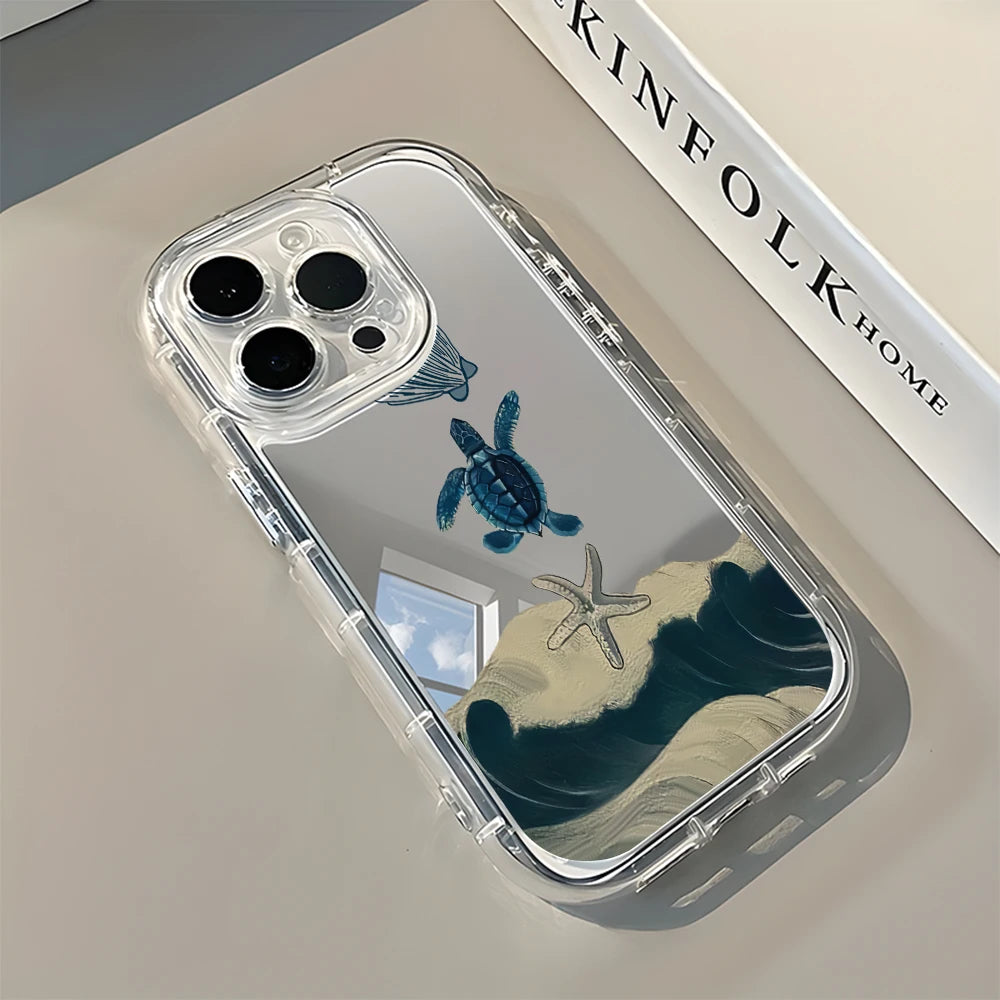 Ocean Turtle Beach Pattern Back Mirror Phone Case for IPhone 11 12 13 14 15 16 17 Pro Max X XR XS 7 8 Plus Air Shockproof Cover