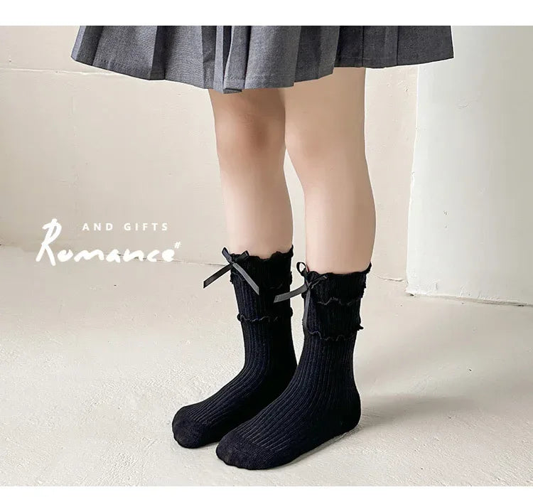 Korean Fashion Lace Lolita Calf Sock for Kids Girl Beige Black Color Ruffle Bow Children Calf Sock Spring Autumn Cotton Sock