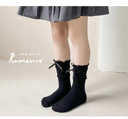 Korean Fashion Lace Lolita Calf Sock for Kids Girl Beige Black Color Ruffle Bow Children Calf Sock Spring Autumn Cotton Sock