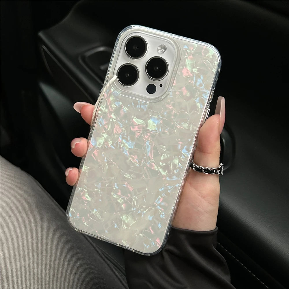 Luxury Glitter Shell Pattern Laser Case For iPhone 16 Pro Max 15 14 Plus 13 12 11 Aurora IMD Shockproof Protection Hard Cover