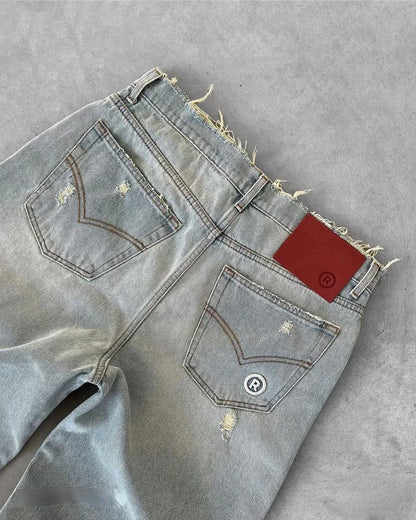 Straight Jeans Distressed Men Jean Ripped Holes Washed Denim Pants Ankle Length Loose Solid Zipper Fly Pockets Casual 2025