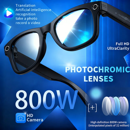 Lunettes intelligentes IA avec caméra 8 MP, enregistrement vidéo, traduction, appels Bluetooth et lecture de musique. Modèle unisexe.