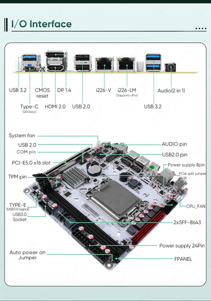 Q670 Intel vPro 8-Bay NAS Motherboard 12/13/14th Gen LGA1700 3*NVMe 2*SFF-8643 1*PCIE5.0x16 2*DDR5 2*2.5G LAN Firewall Mainboard