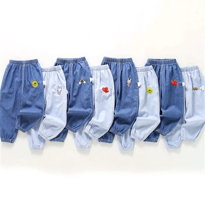 Children'S Jeans Baby Four Seasons Outwear Casual Pants Embroidered Simple Versatile Elastic Waist Sports Wear