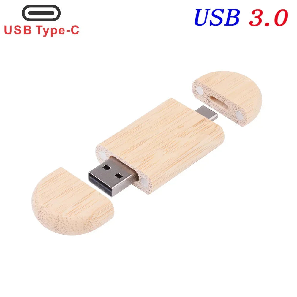 2 IN 1 TYPE-C USB 3.0 Flash Drive 128GB Free Custom Logo Pen Drive 64GB Wooden Pendant Memory Stick 32GB Creative Wedding Gift